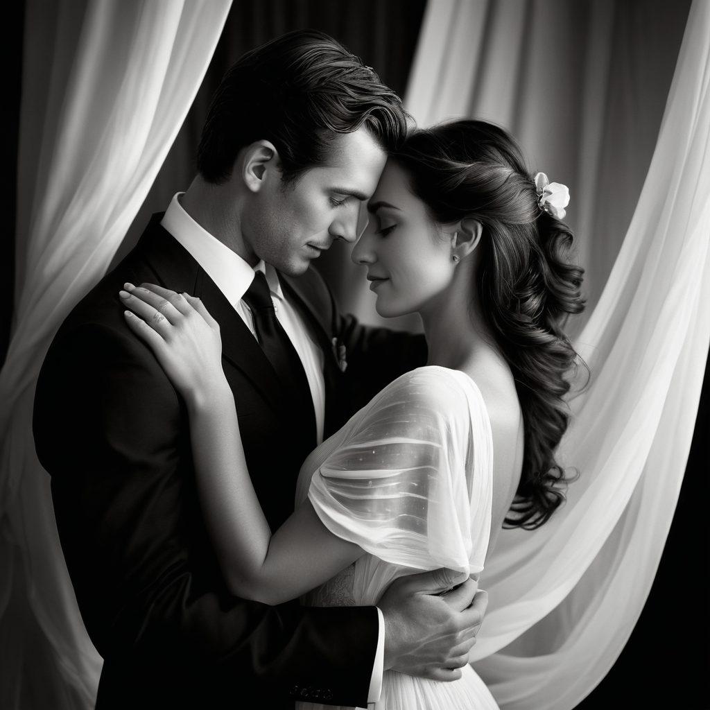 A captivating black and white photograph of a couple embracing in a soft, intimate setting, surrounded by flowing fabrics and gentle shadows. The focus is on their tender expressions and subtle body language, enhancing the depth of connection. Include elements of light that cascade softly through the fabric, creating an ethereal atmosphere. The background should be blurred to emphasize the couple's bond. elegant and romantic. super-realistic.